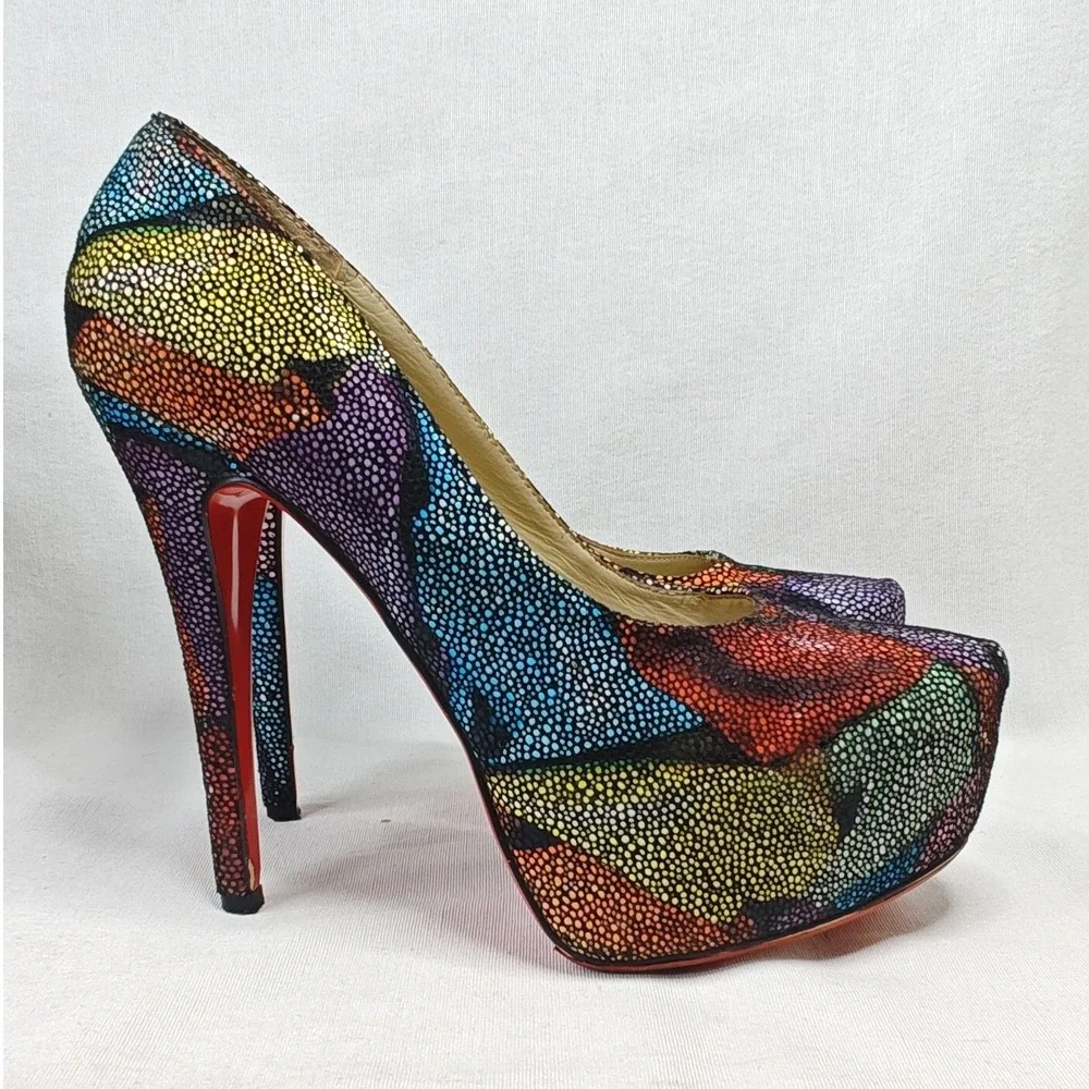 Christian Louboutin Daffodile Pumps 40 Pebble Texture Platform Leather Heels Red